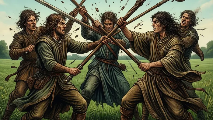 Иллюстрация к статье: Пятерка Жезлов в Таро: Конфликт, Соперничество и Скрытый Потенциал