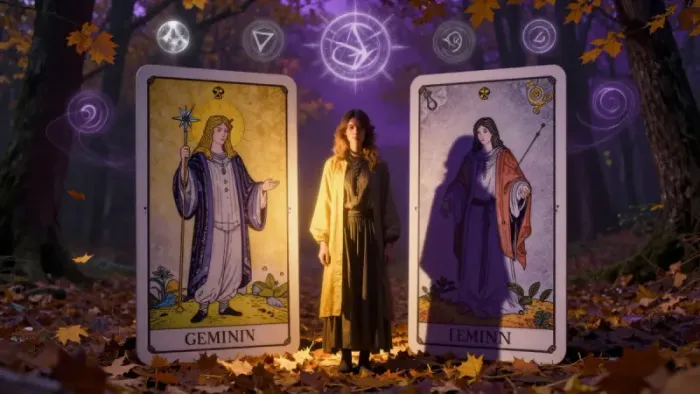 Иллюстрация к статье: Близнецы в октябре: Работа с архетипом Тени через авторский расклад Таро