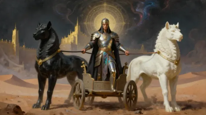 Иллюстрация к статье: Колесница как Архетип Года: Путь Героя сквозь Тень и Свет