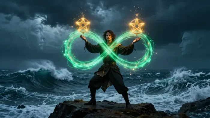 Иллюстрация к статье: Медитация на Двойку Пентаклей: как найти точку опоры внутри хаоса